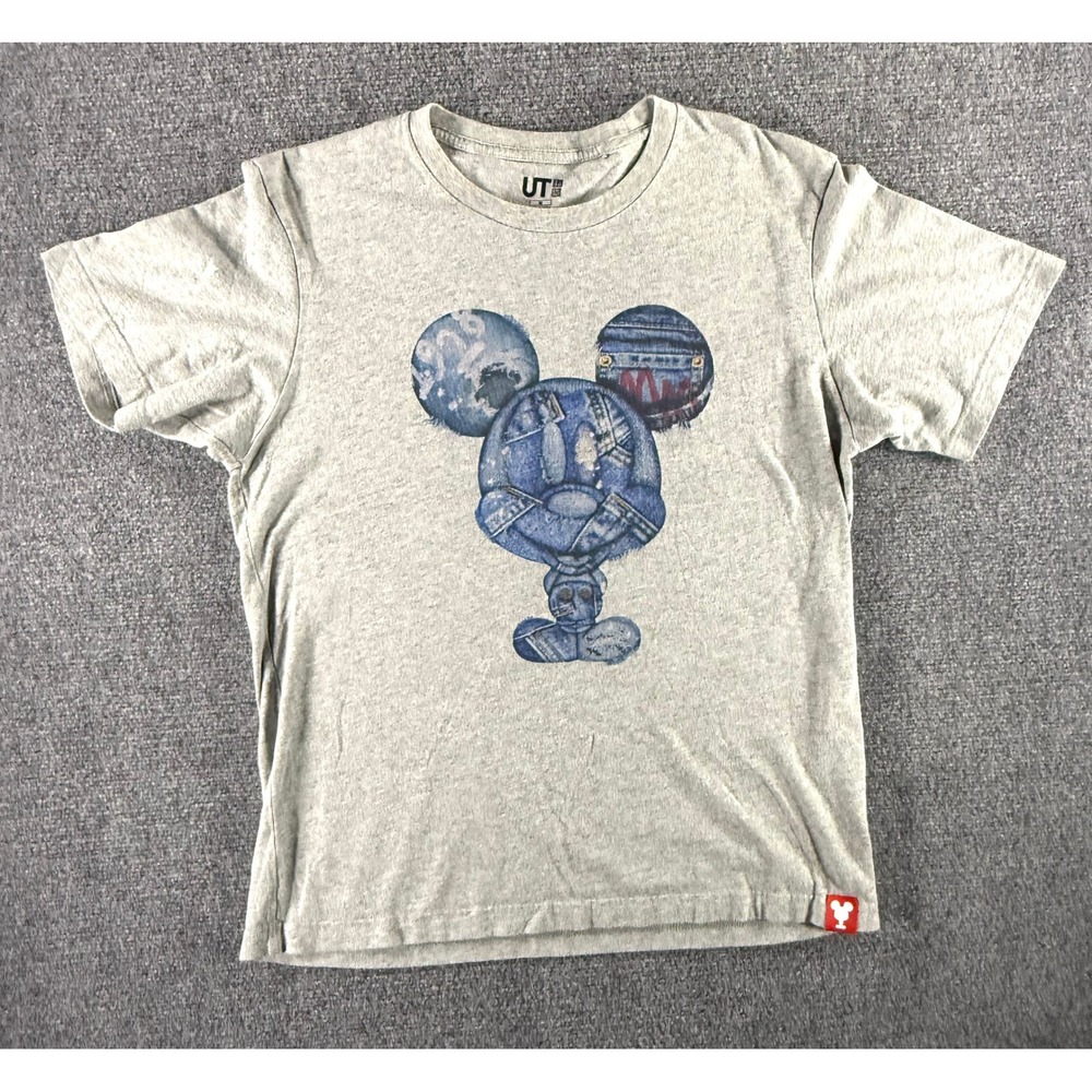 Uniqlo UT Disney Mickey Mouse Denim Patchwork‎ Graphic T-Shirt Gray Mens Medium